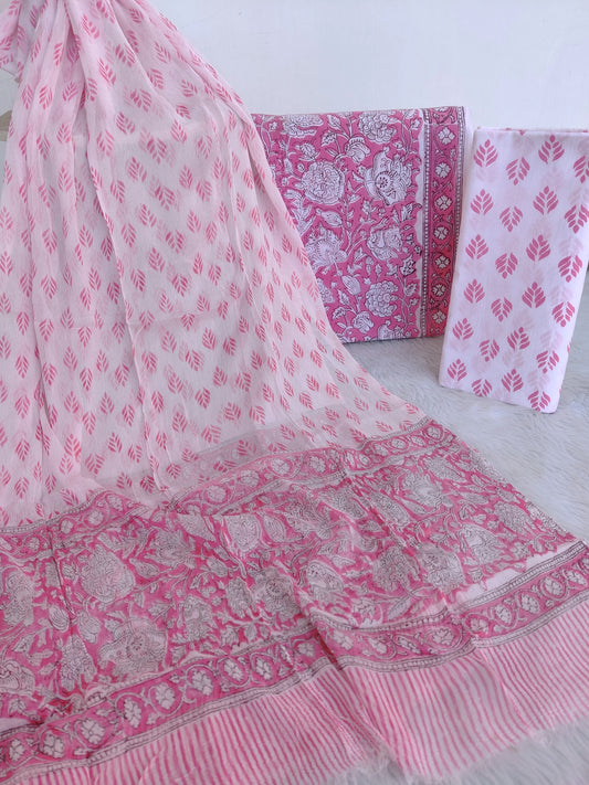 HAND BLOCK PRINTED COTTON SUIT WITH PURE CHIFFON DUPATTA