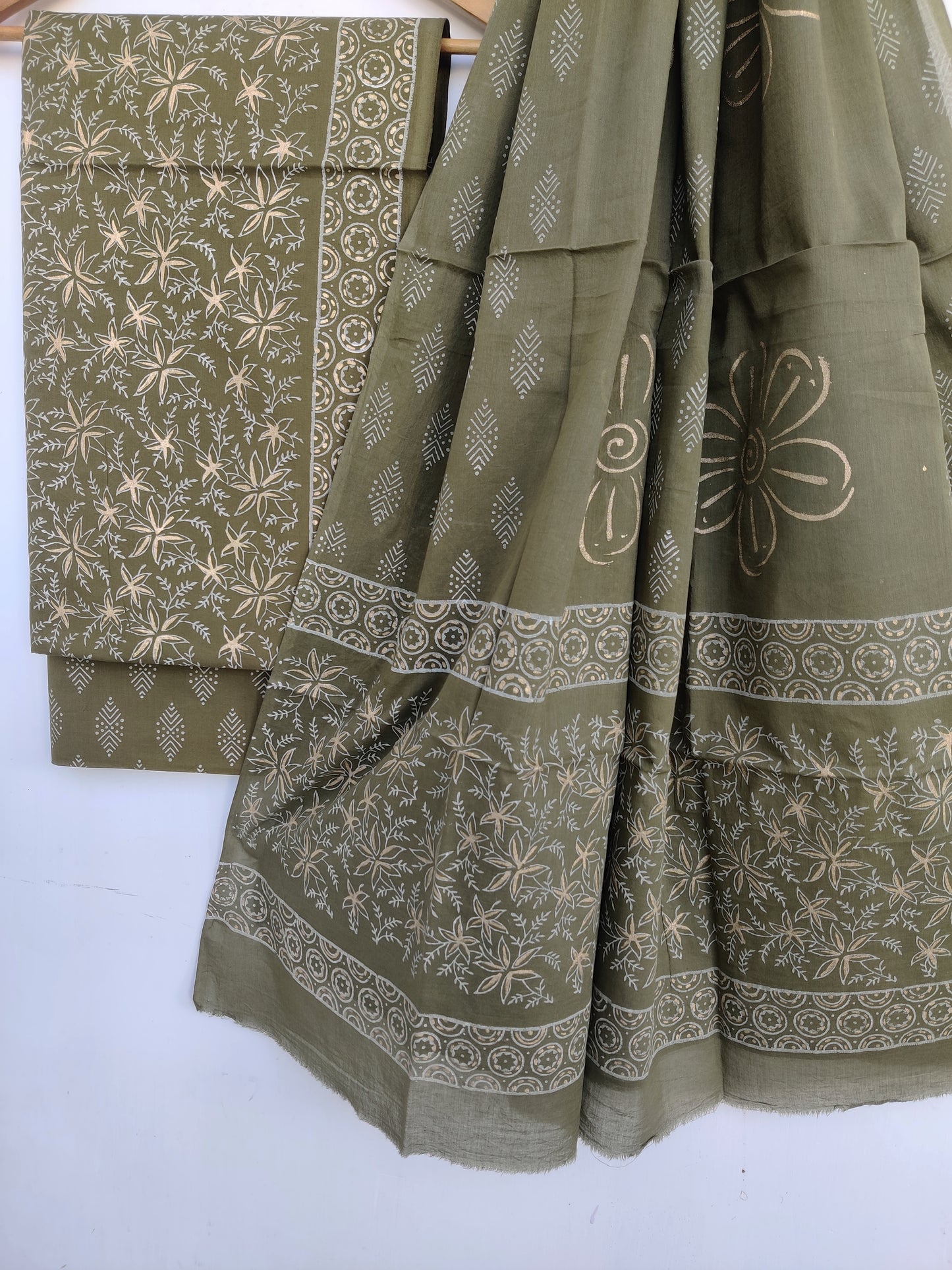 Hand Block Printed Cotton Suit With Mulmul Cotton Dupatta
