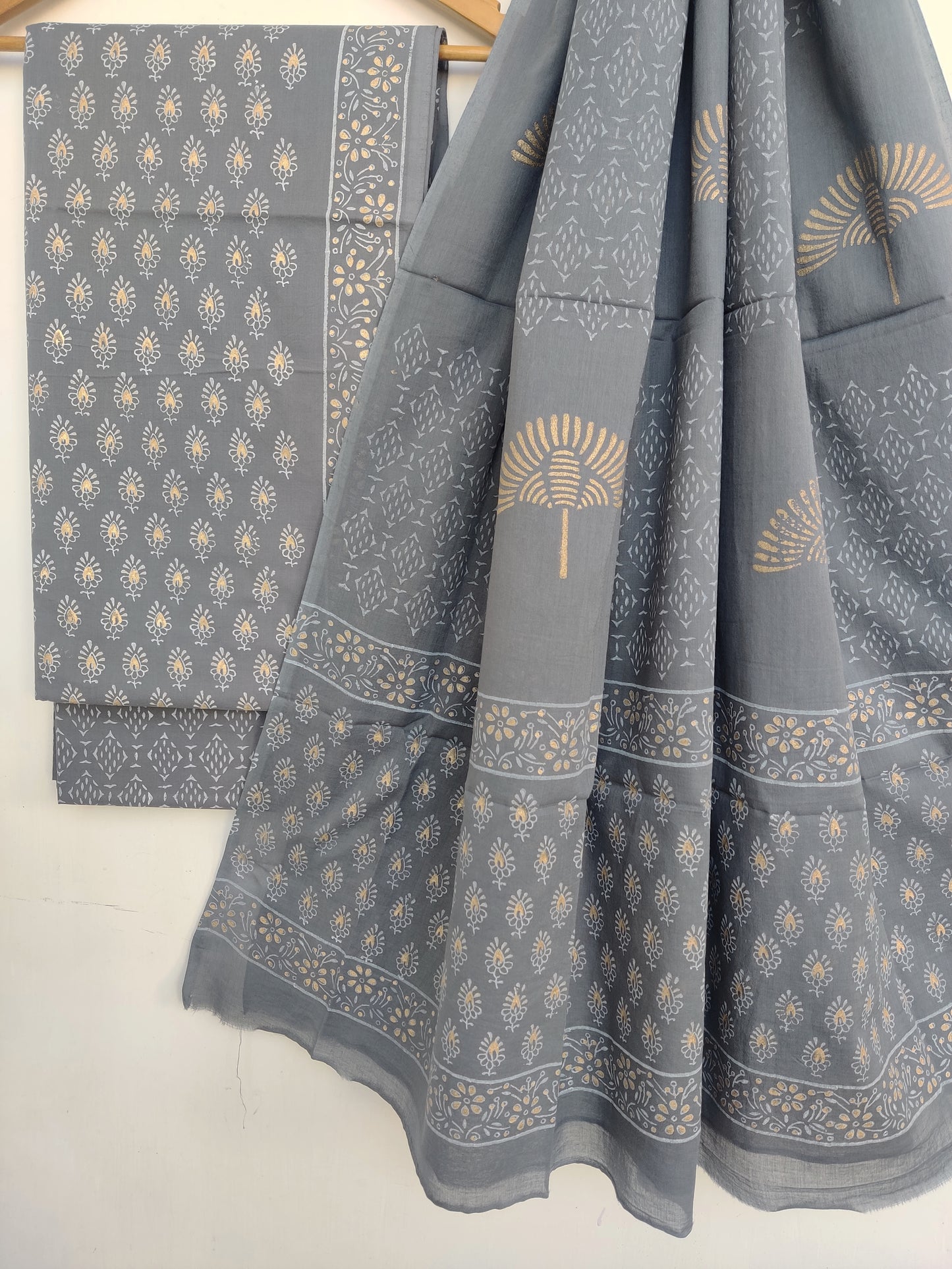 Hand Block Printed Cotton Suit With Mulmul Cotton Dupatta