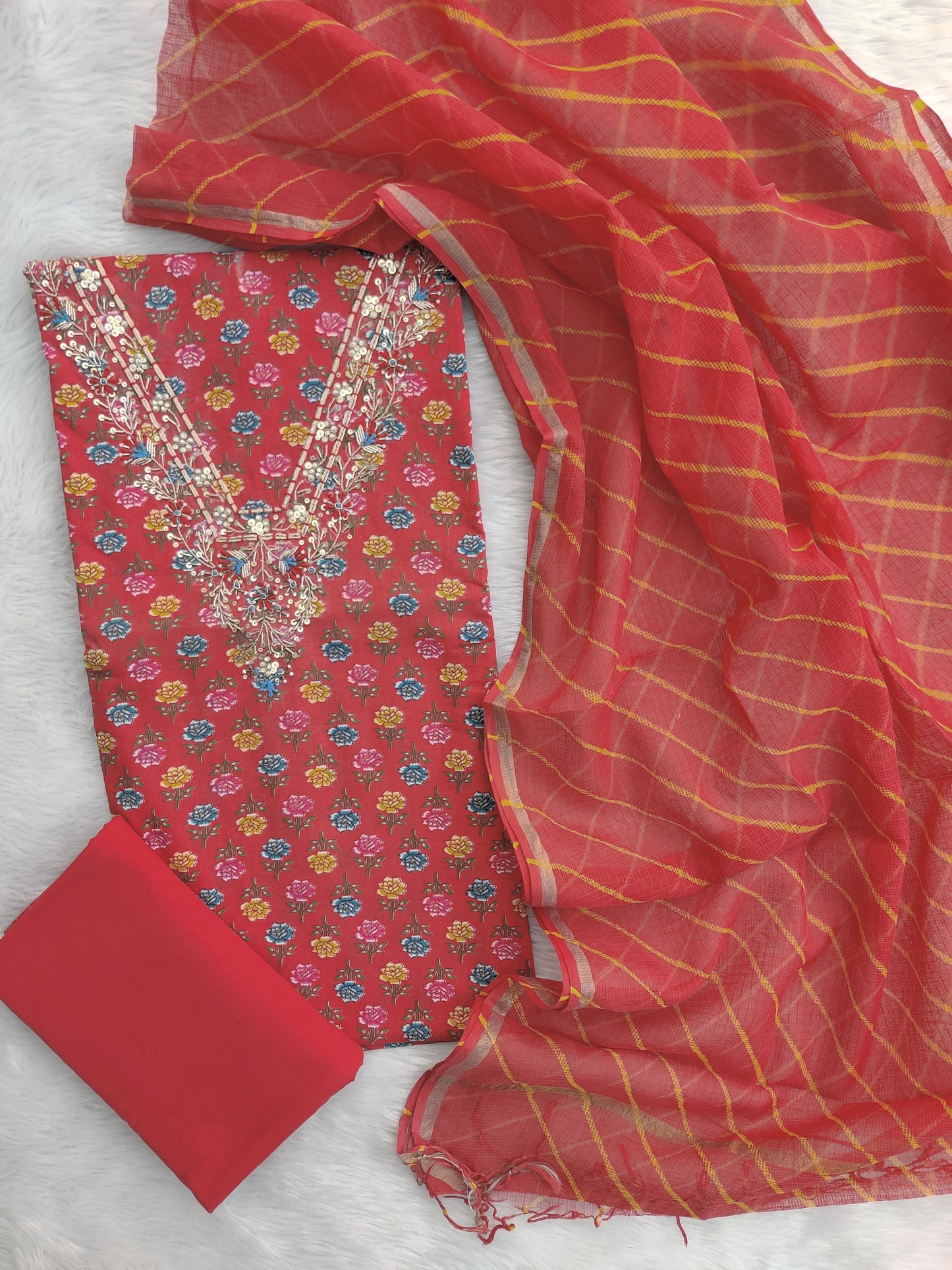 JAIPURI PRINTED GOTA PATTI NECK WORK SUITS WITH LEHRIYA KOTA DORIA DUPATTA