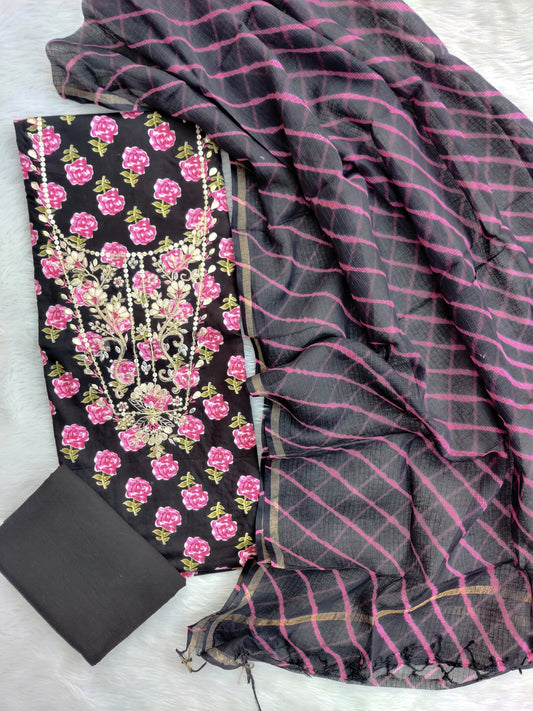 JAIPURI PRINTED GOTA PATTI NECK WORK SUITS WITH LEHRIYA KOTA DORIA DUPATTA