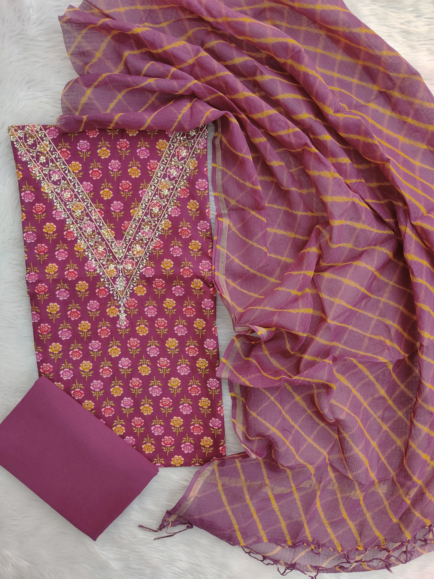 JAIPURI PRINTED GOTA PATTI NECK WORK SUITS WITH LEHRIYA KOTA DORIA DUPATTA
