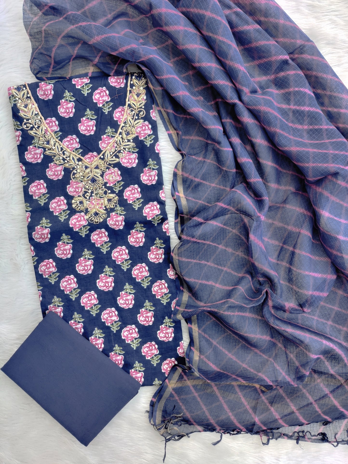 JAIPURI PRINTED GOTA PATTI NECK WORK SUITS WITH LEHRIYA KOTA DORIA DUPATTA