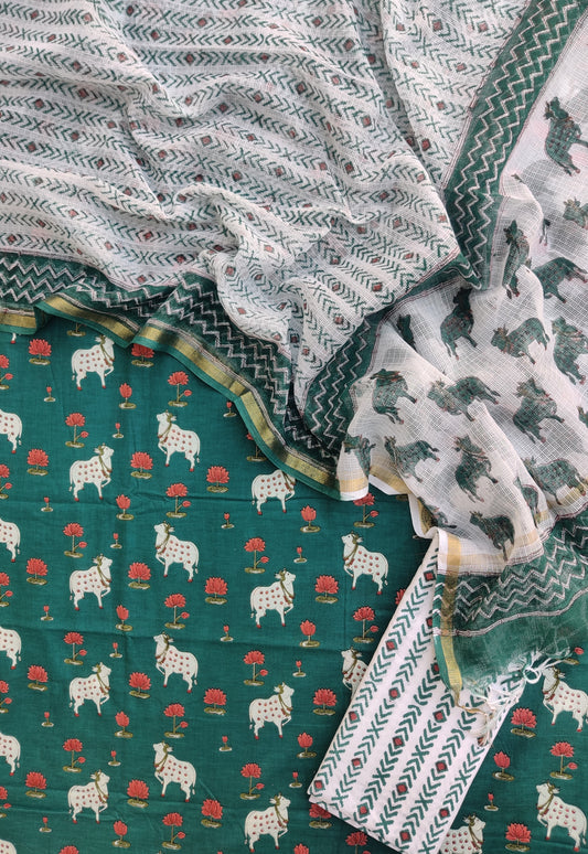 (PICHWAI GREEN) Printed Cotton Suit with Cotton Kota Doria dupatta