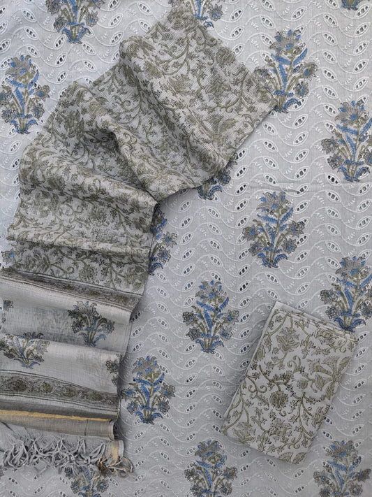 Hand Block Printed Cotton Schiffli Suit with Kota Doria Dupatta