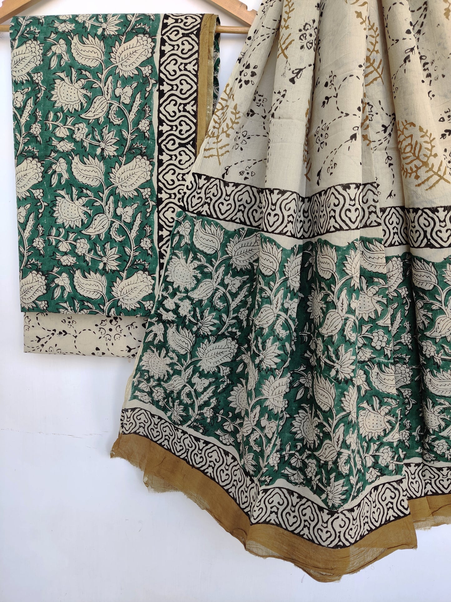 (KALAMKARI) Hand Block Printed Cotton Suit With Mulmul Cotton Dupatta