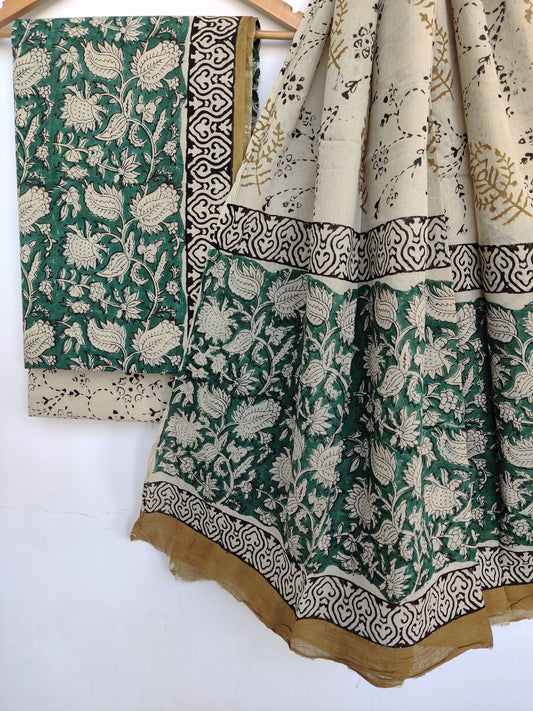 (KALAMKARI) Hand Block Printed Cotton Suit With Mulmul Cotton Dupatta