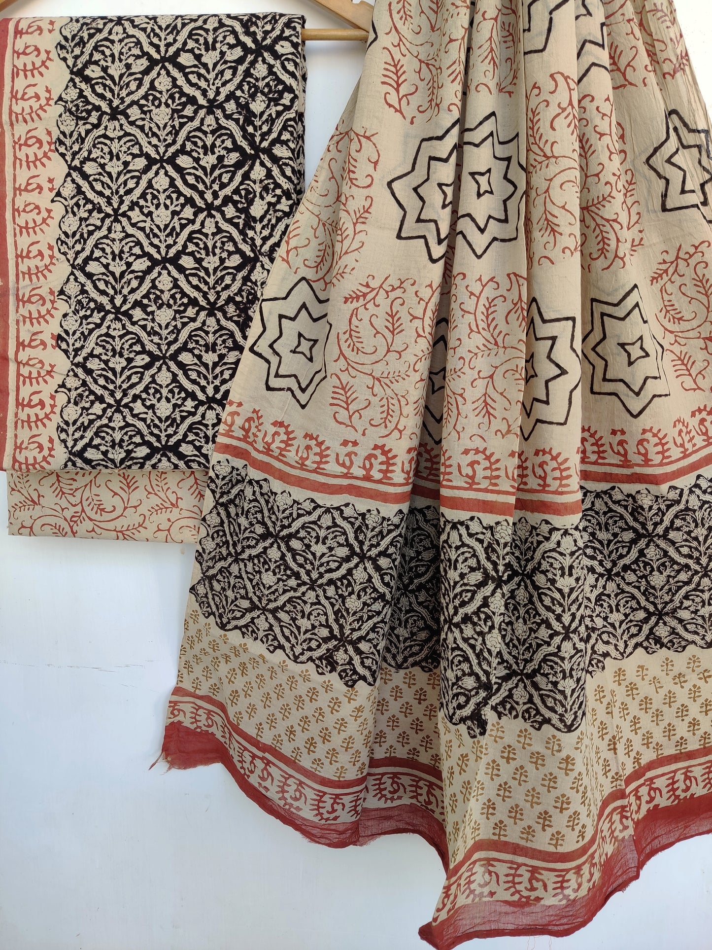 (KALAMKARI) Hand Block Printed Cotton Suit With Mulmul Cotton Dupatta