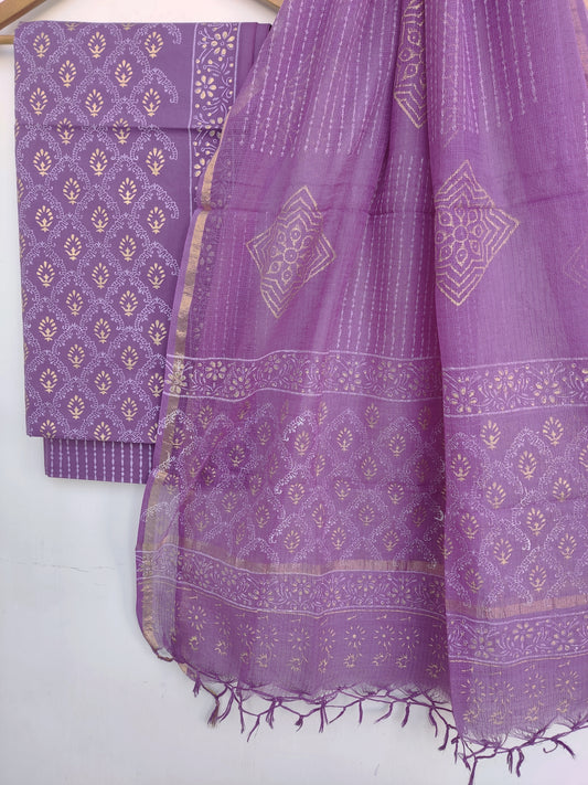 (KHADI GOLD) Hand Block Printed Cotton Suit with Cotton Kota Doria dupatta9