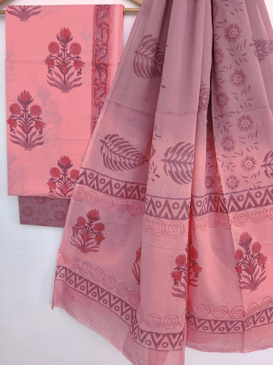 Hand Block Printed Cotton Suit With Mulmul Cotton Dupatta