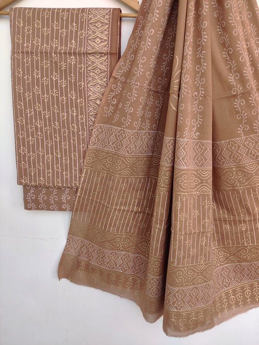 Hand Block Printed Cotton Suit With Mulmul Cotton Dupatta