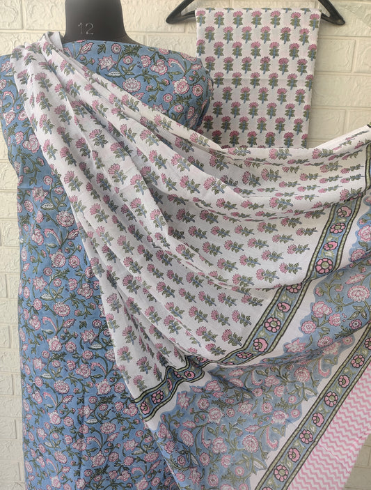 Hand Block Printed Cotton Suit With Mulmul Cotton Dupatta