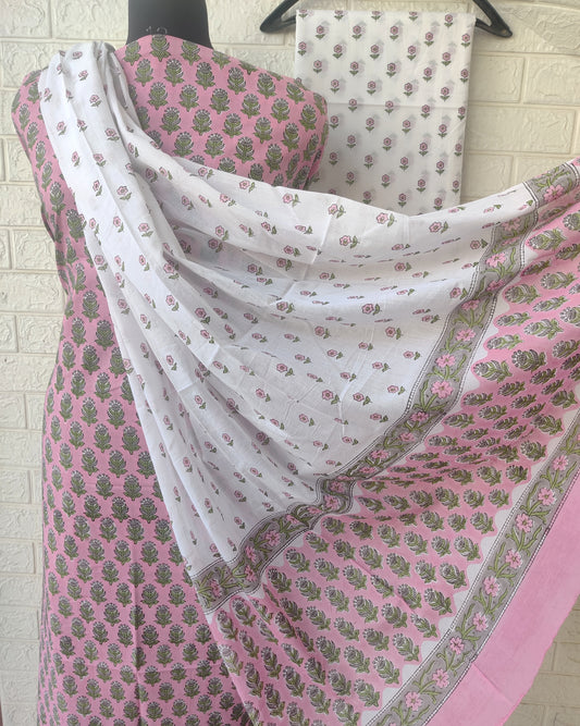 Hand Block Printed Cotton Suit With Mulmul Cotton Dupatta