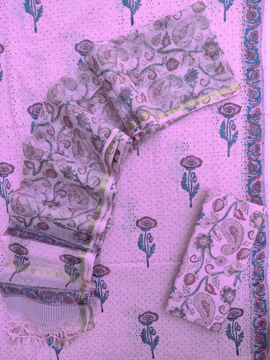 Hand Block Printed Cotton Schiffli Suit with Kota Doria Dupatta