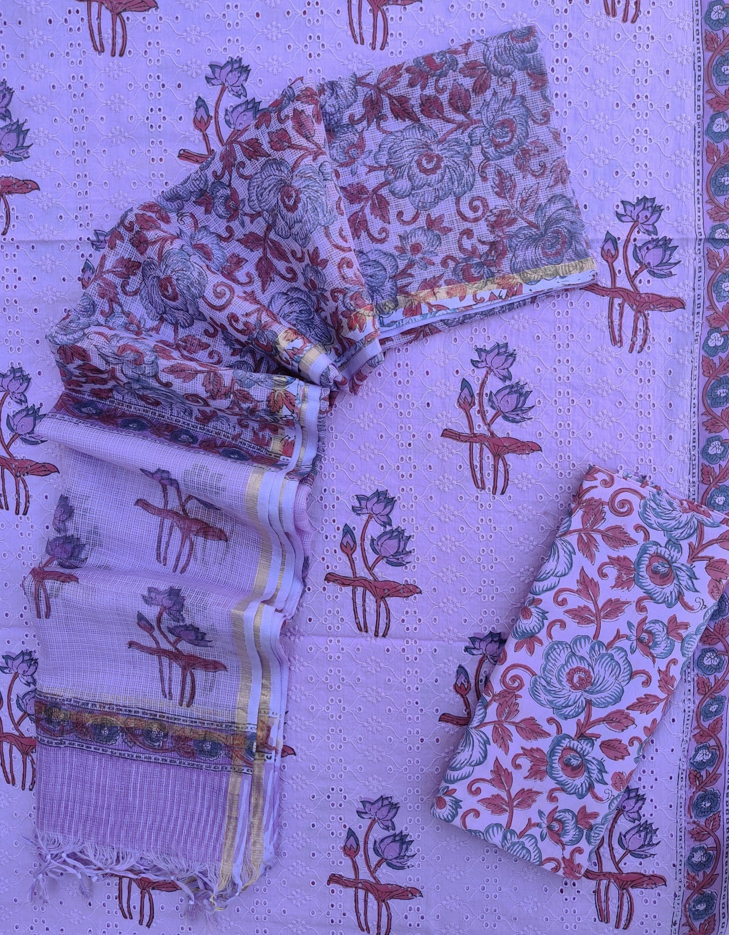 Hand Block Printed Cotton Schiffli Suit with Kota Doria Dupatta