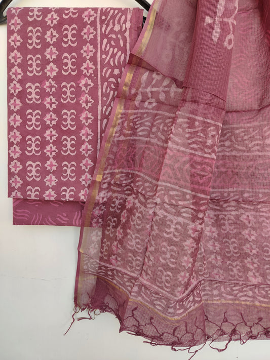 (DABU) Hand Block Printed Cotton Suit with Cotton Kota Doria dupatta9
