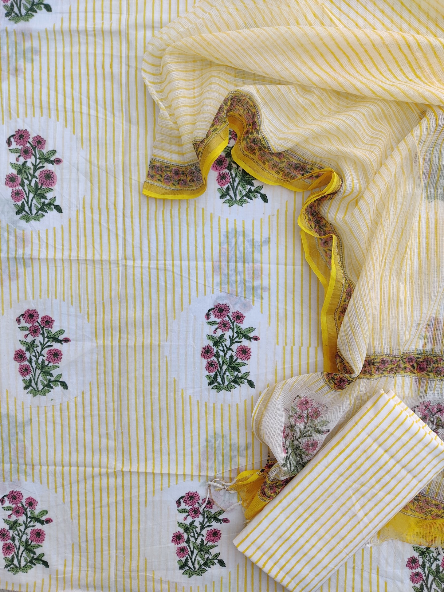 (BOOTA) Hand Block Printed Cotton Suit with Cotton Kota Doria dupatta