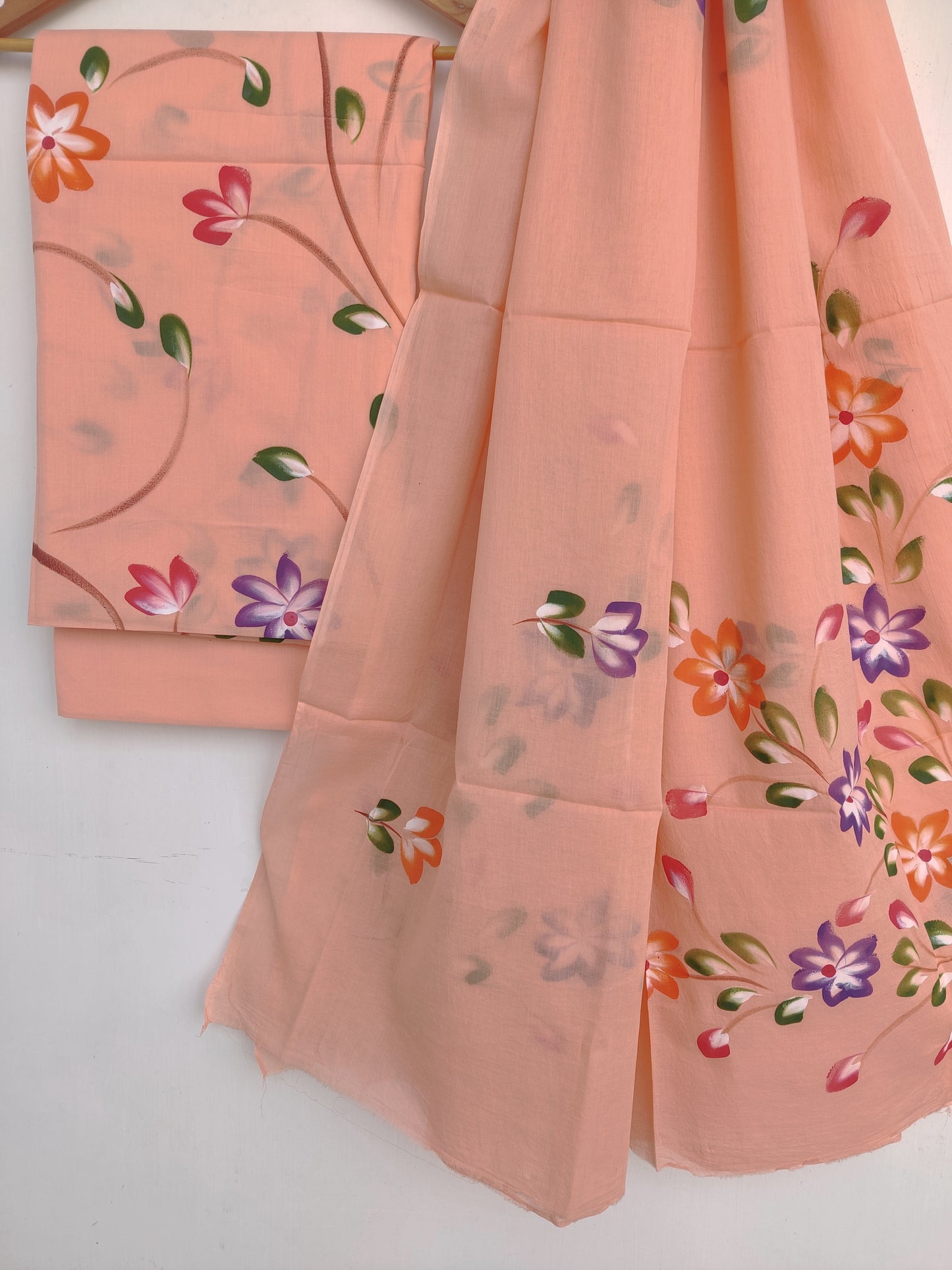 Hand Painted Cotton Suit With Mulmul Cotton Dupatta
