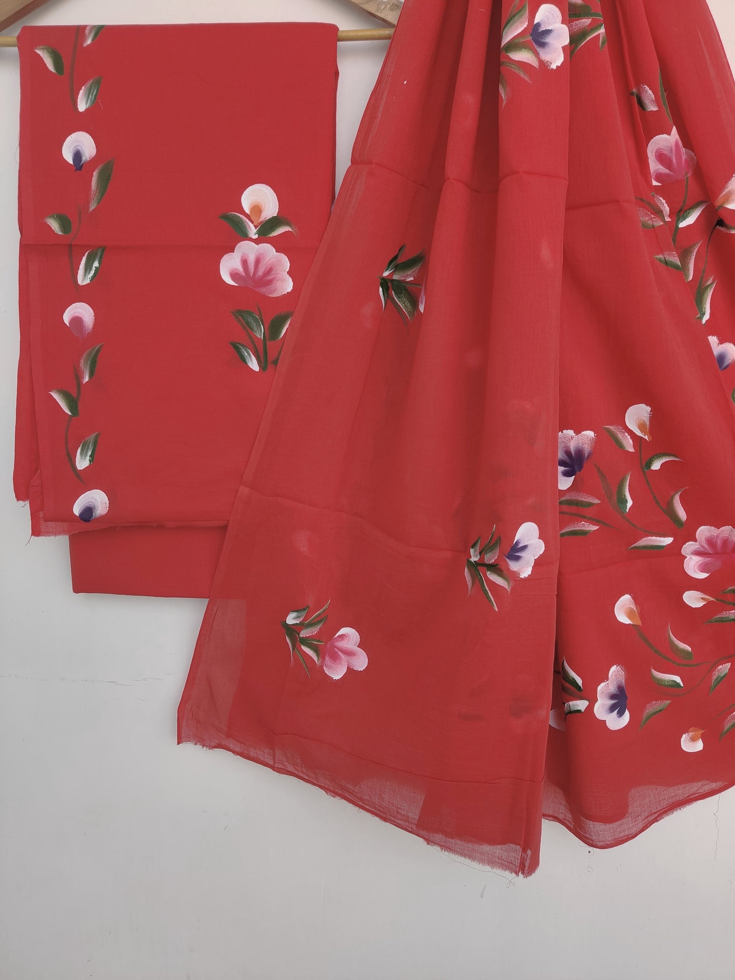 Hand Painted Cotton Suit With Mulmul Cotton Dupatta