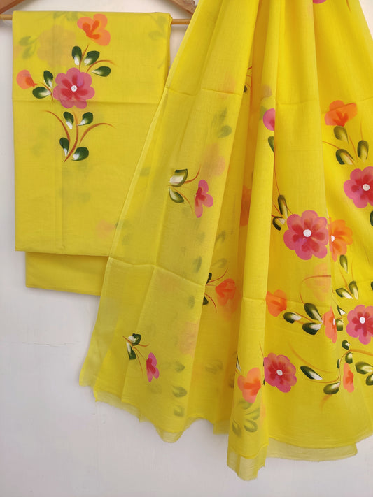 Hand Painted Cotton Suit With Mulmul Cotton Dupatta