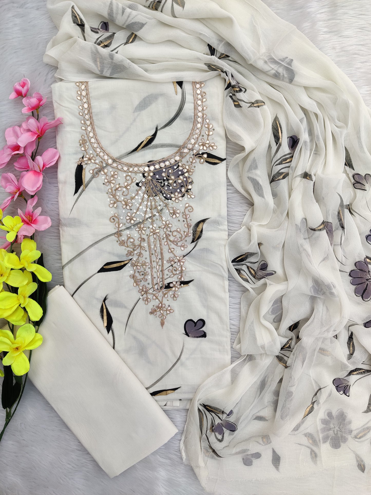 FLORAL PRINTED COTTON GOTA PATTI SUIT WITH CHIFFON DUPATTA