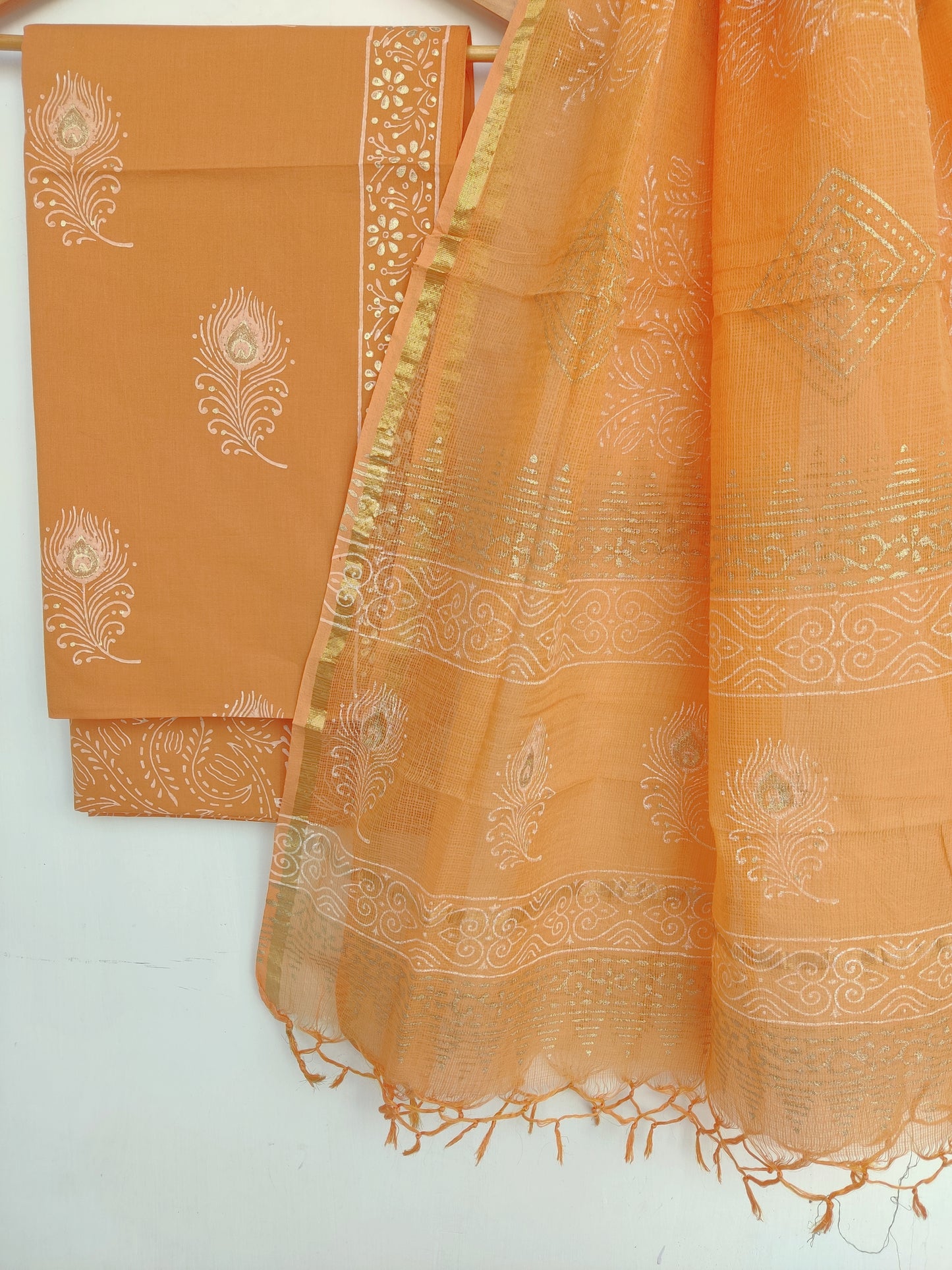 (KHADI GOLD) Hand Block Printed Cotton Suit with Cotton Kota Doria dupatta
