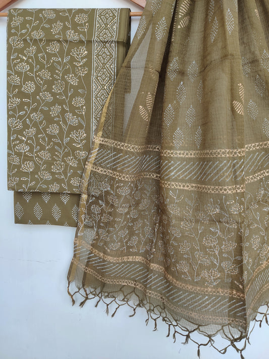 (KHADI GOLD) Hand Block Printed Cotton Suit with Cotton Kota Doria dupatta