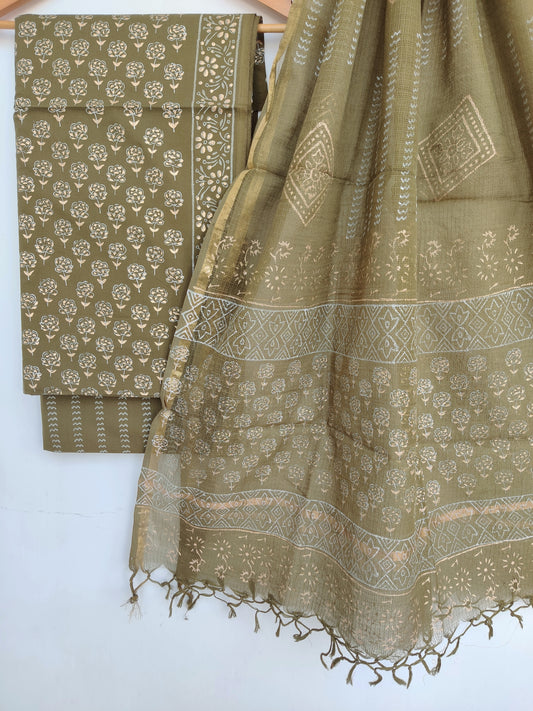 (KHADI GOLD) Hand Block Printed Cotton Suit with Cotton Kota Doria dupatta