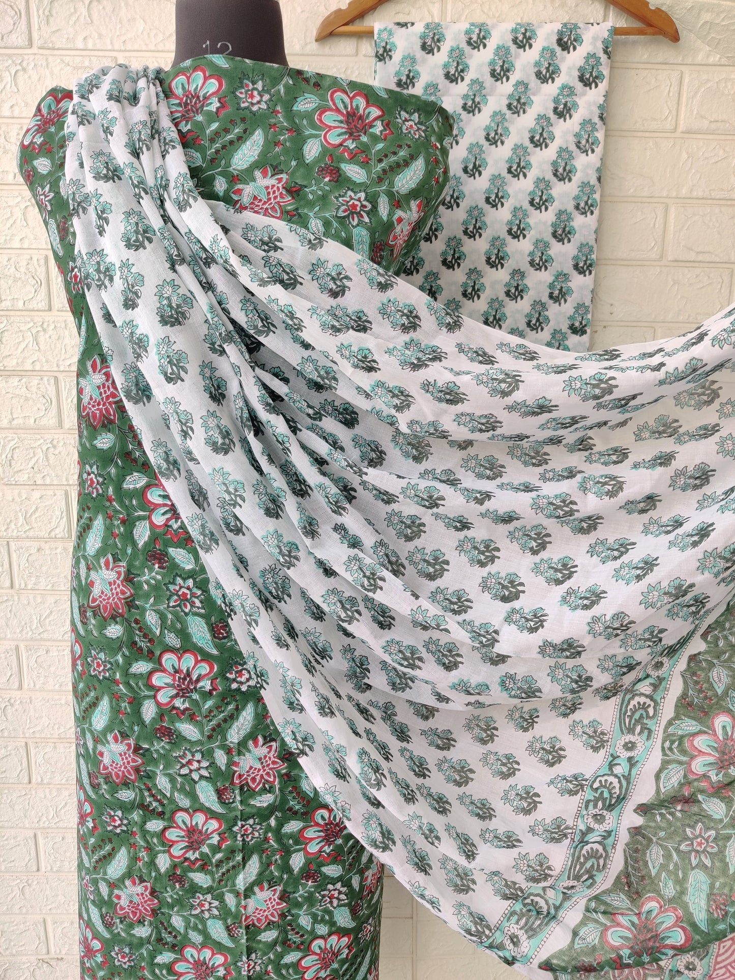 Hand Block Printed Unstitched Cotton Suit with Mulmul Dupatta