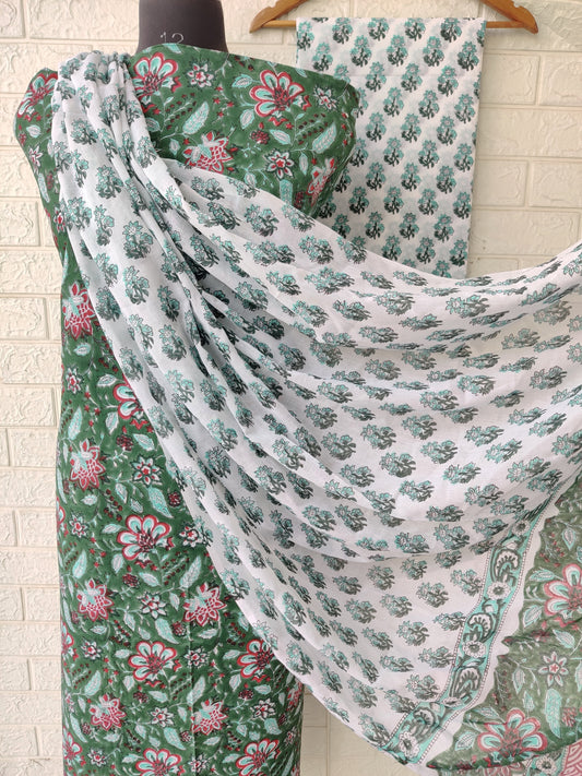 Hand Block Printed Unstitched Cotton Suit with Mulmul Dupatta
