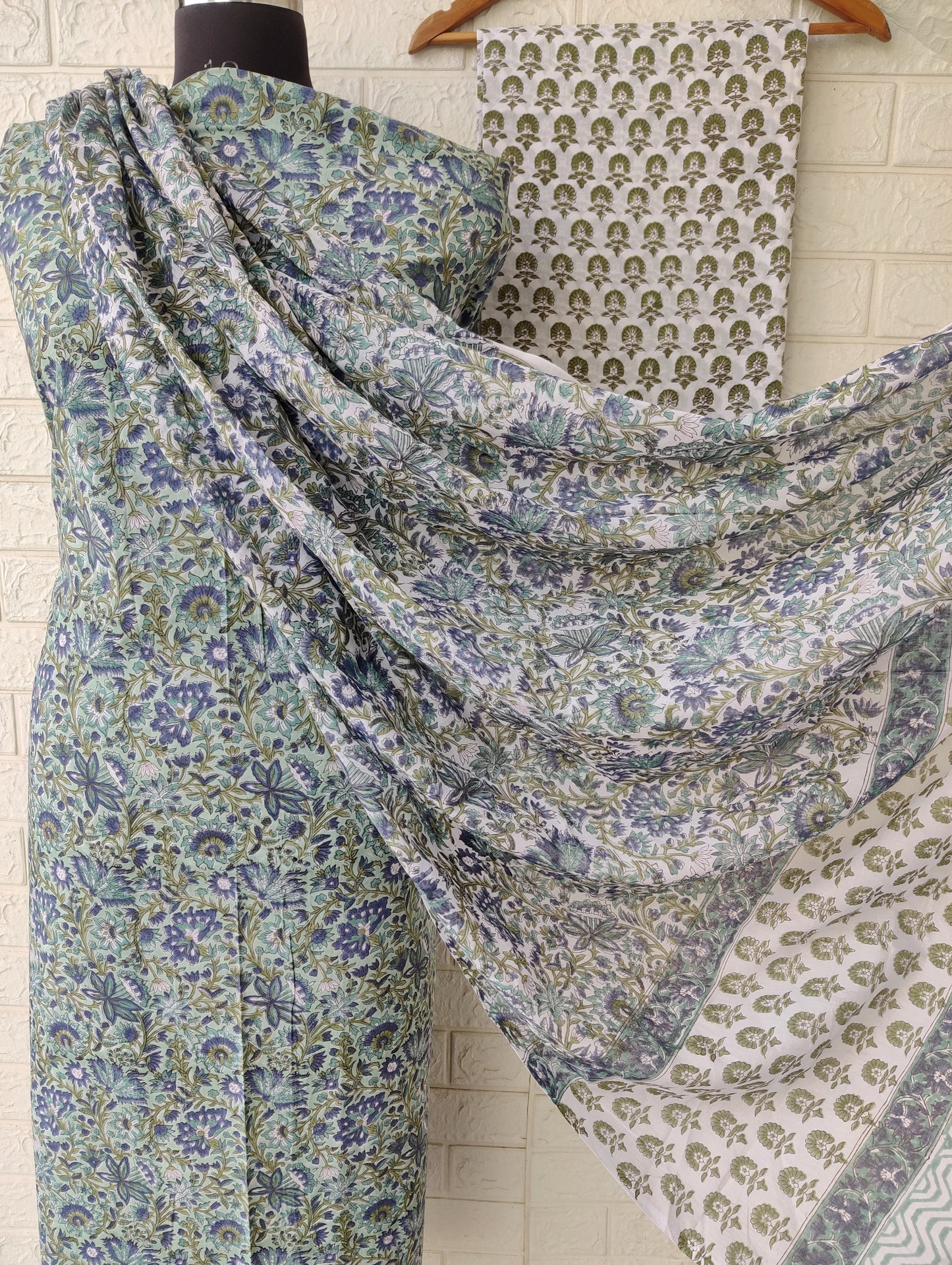 Hand Block Printed Unstitched Cotton Suit with Mulmul Dupatta