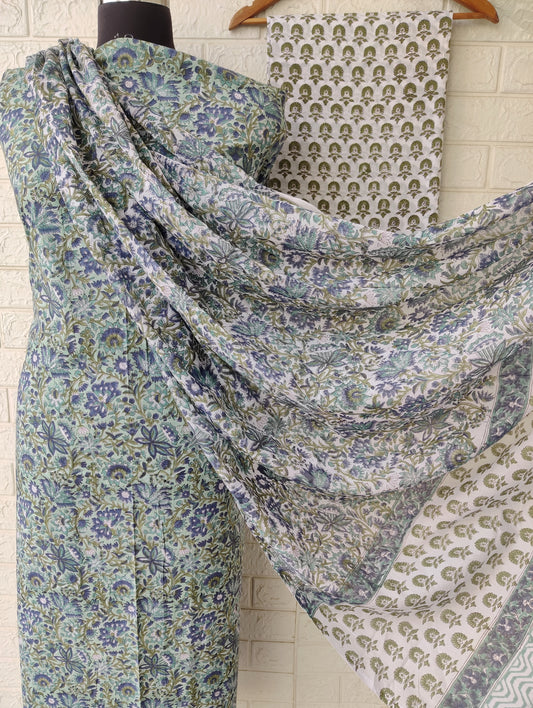 Hand Block Printed Unstitched Cotton Suit with Mulmul Dupatta