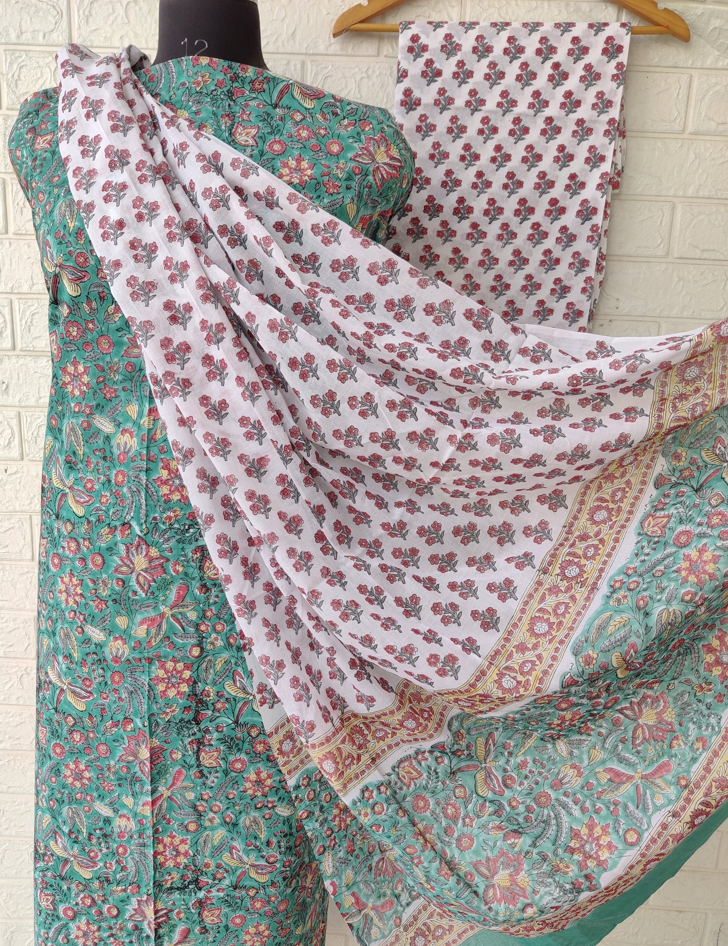 Hand Block Printed Unstitched Cotton Suit with Mulmul Dupatta