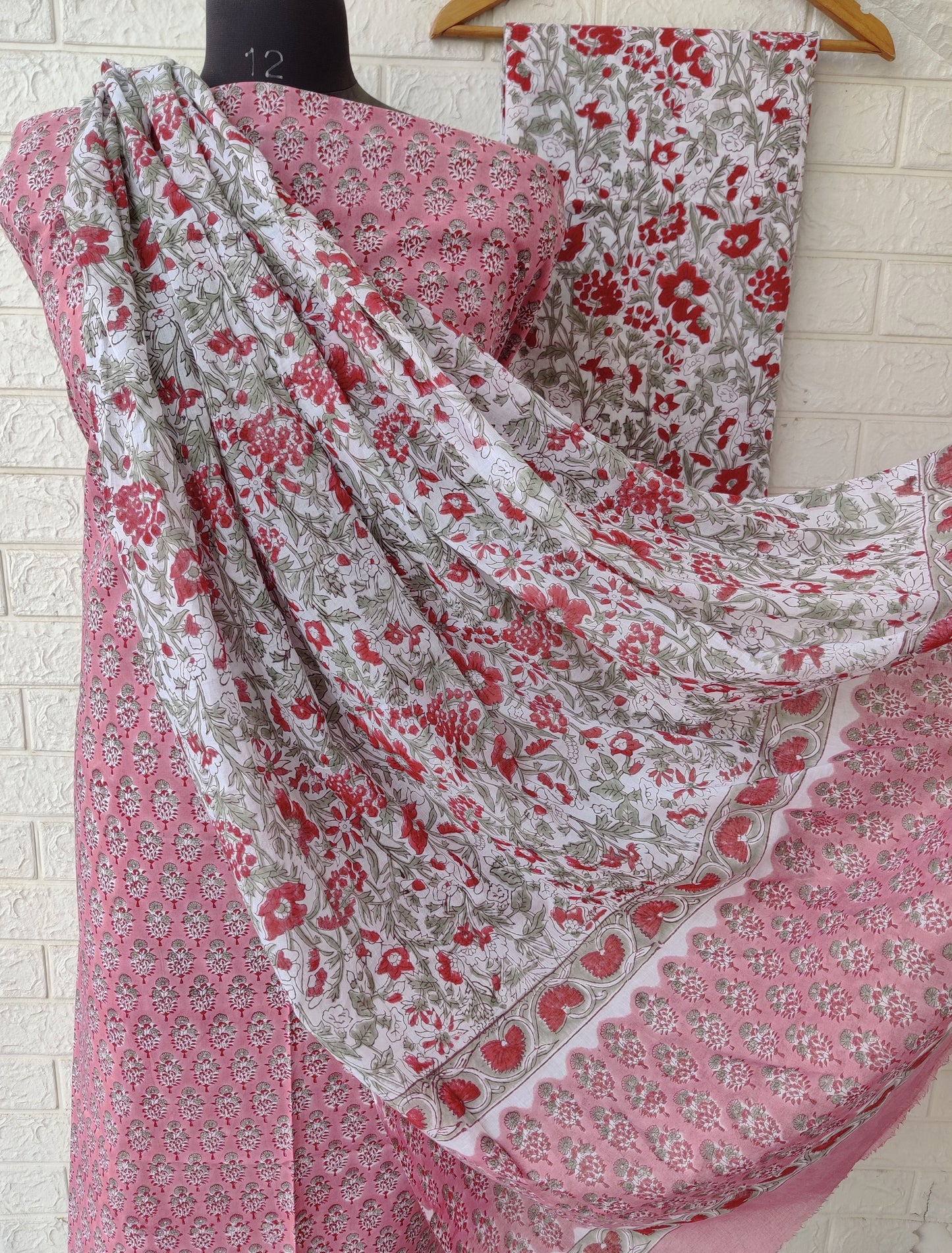 Hand Block Printed Unstitched Cotton Suit with Mulmul Dupatta