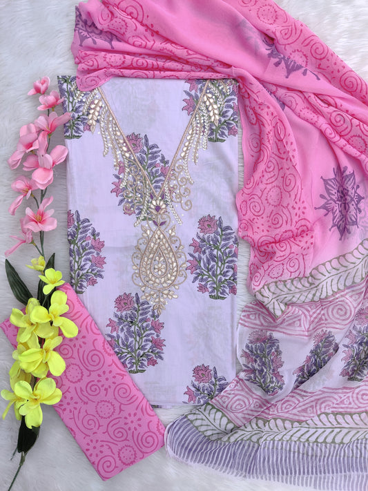 FLORAL PRINTED COTTON GOTA PATTI SUIT WITH CHIFFON DUPATTA