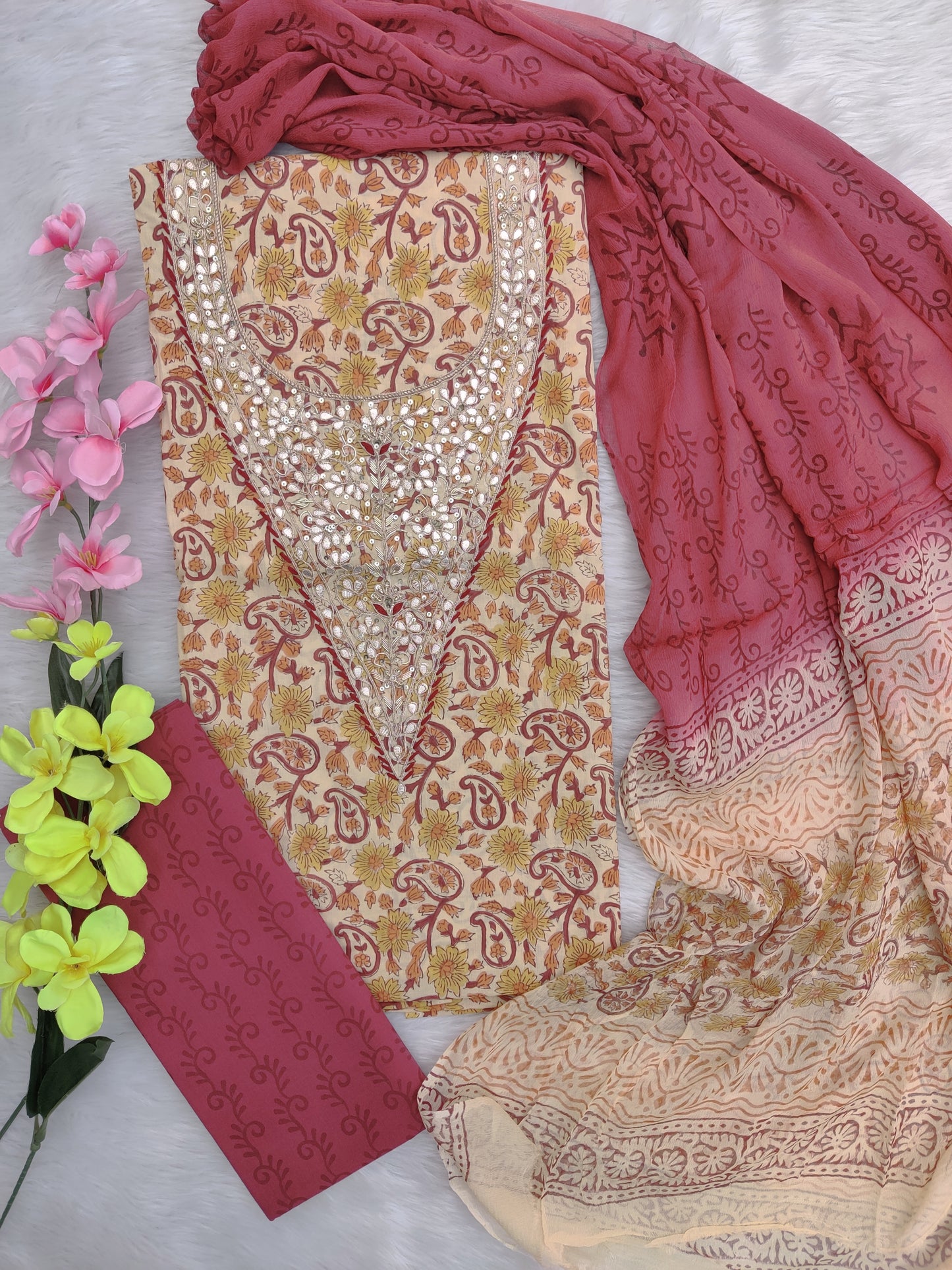 FLORAL PRINTED COTTON GOTA PATTI SUIT WITH CHIFFON DUPATTA
