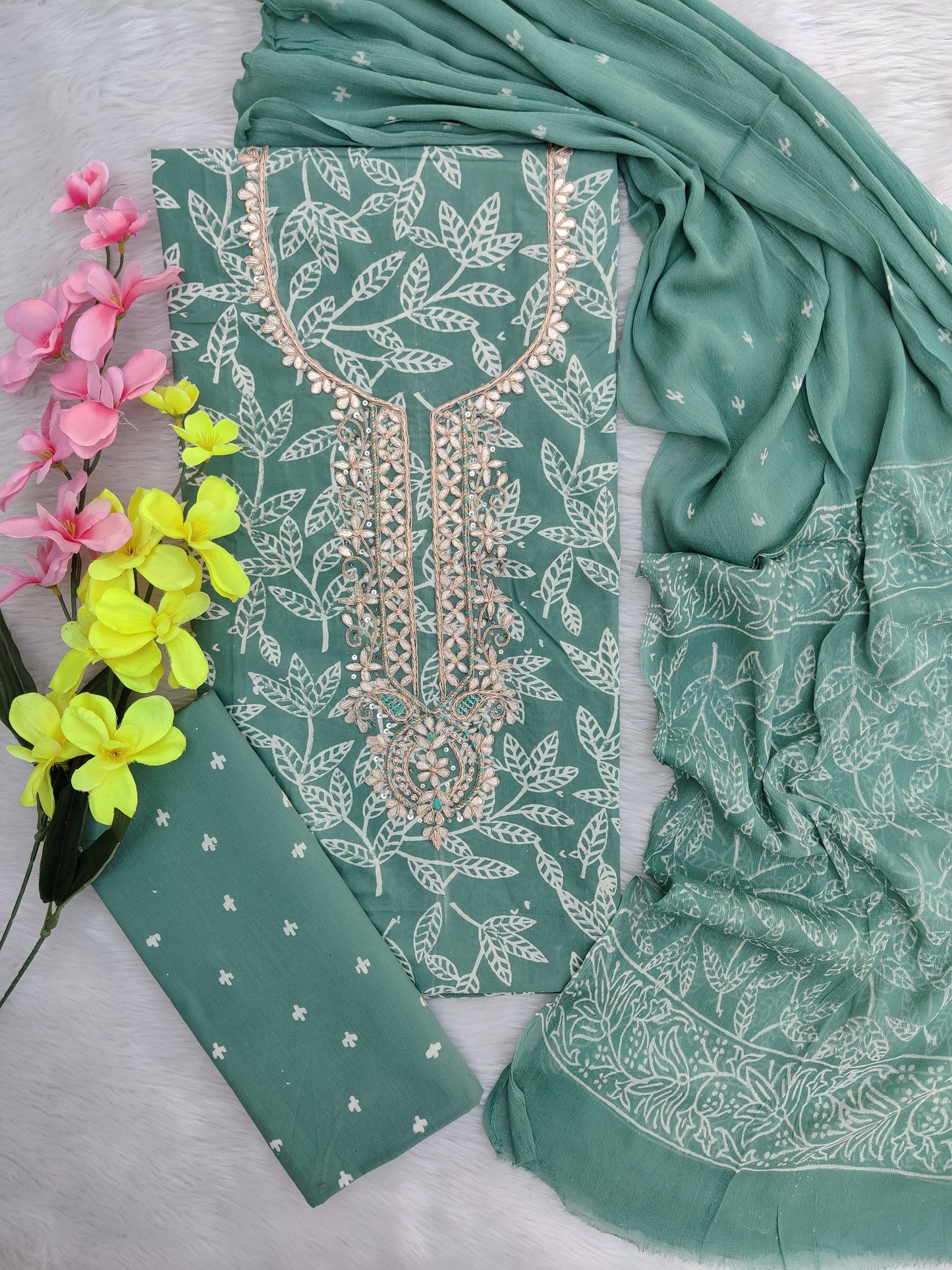 FLORAL PRINTED COTTON GOTA PATTI SUIT WITH CHIFFON DUPATTA