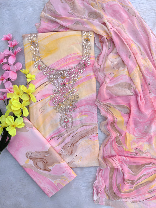 FLORAL PRINTED COTTON GOTA PATTI SUIT WITH CHIFFON DUPATTA