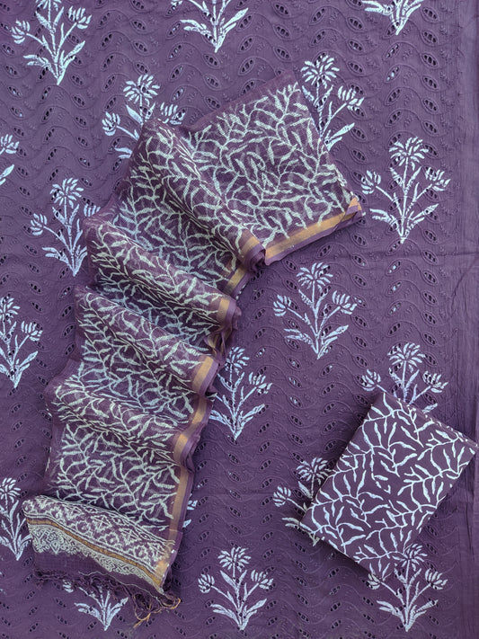 Hand Block Printed Cotton Schiffli Suit with Kota Doria Dupatta