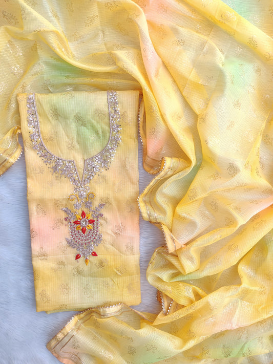 Kota Doria Gota Patti neck work Kurta with Kota Doria dupatta (NO BOTTOM)