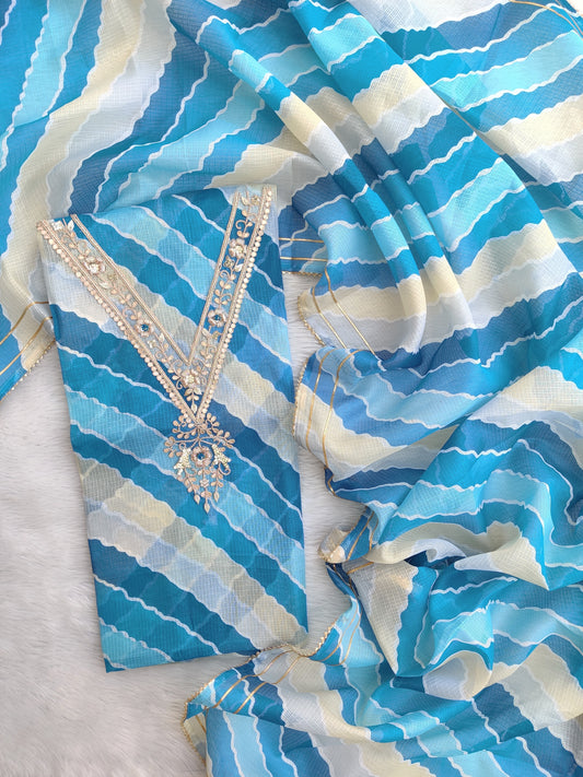 Kota Doria Gota Patti neck work Kurta with Kota Doria dupatta (NO BOTTOM)