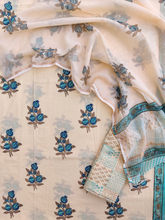 Hand Block Printed Cotton Suit with Cotton Kota Doria dupatta6.