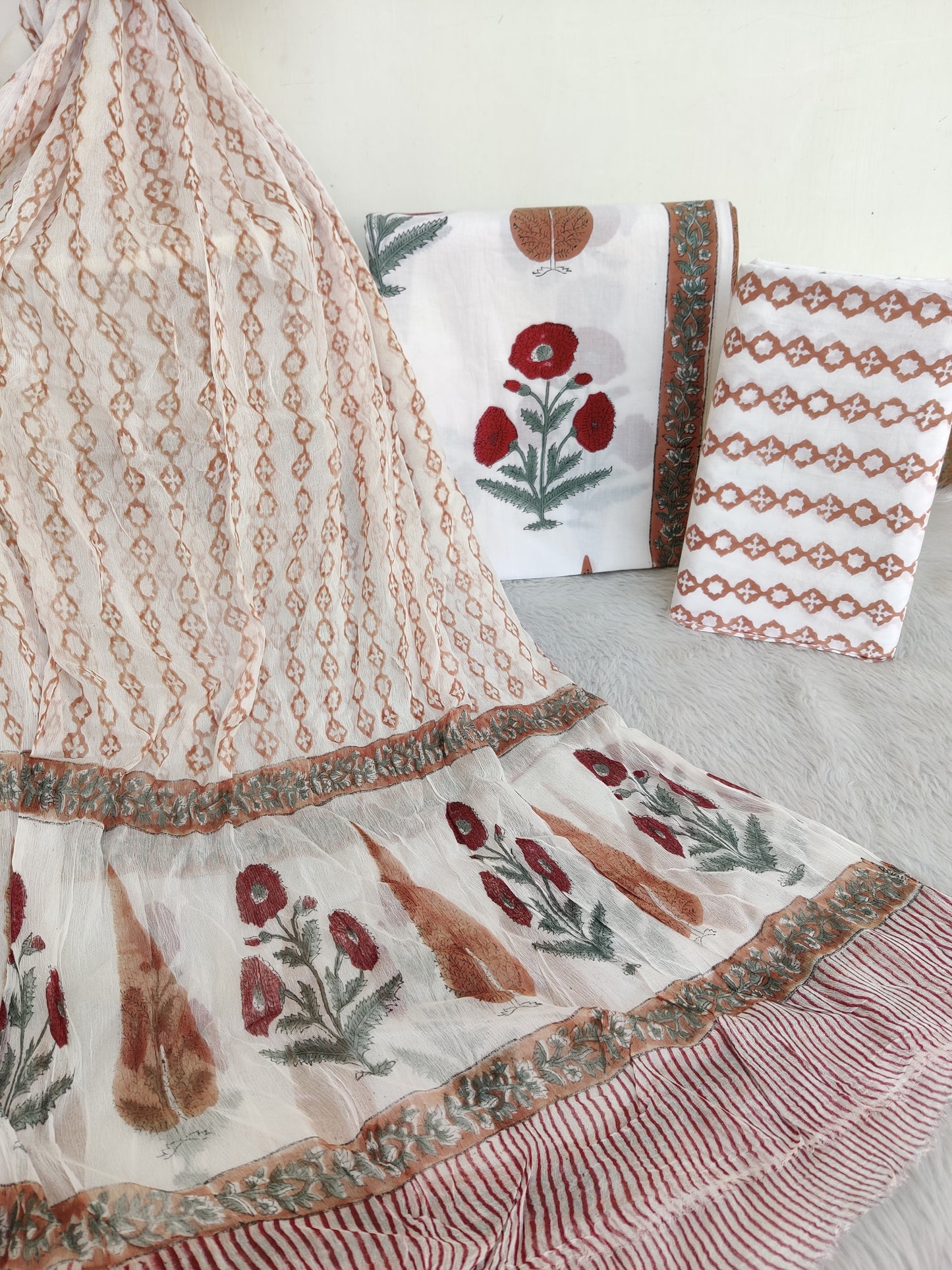 HAND BLOCK PRINTED COTTON SUIT WITH PURE CHIFFON DUPATTA