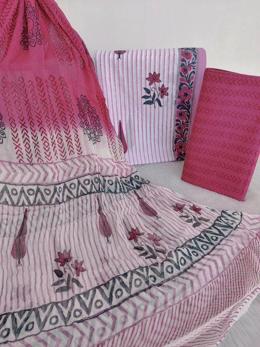 HAND BLOCK PRINTED COTTON SUIT WITH PURE CHIFFON DUPATTA