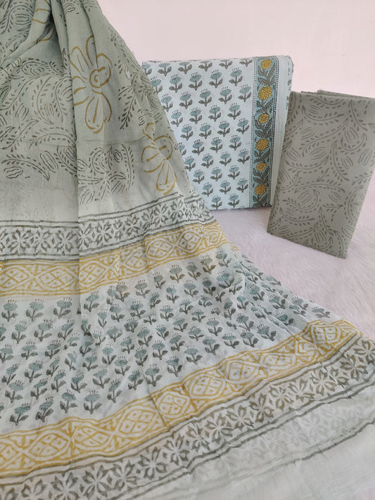 HAND BLOCK PRINTED COTTON SUIT WITH PURE CHIFFON DUPATTA