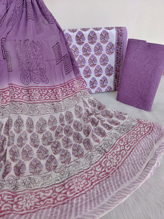 HAND BLOCK PRINTED COTTON SUIT WITH PURE CHIFFON DUPATTA