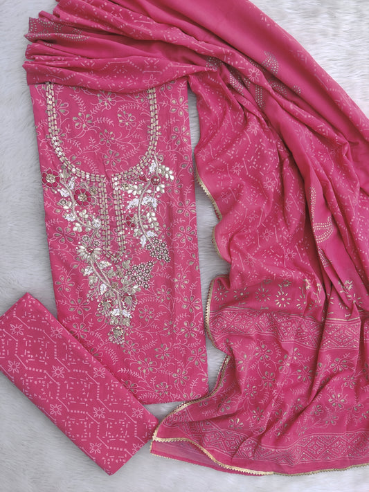 (SALE) Cotton Printed Neck Work Suits with mulmul dupatta