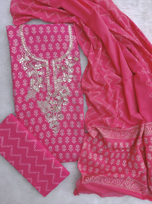 (SALE) Cotton Printed Neck Work Suits with mulmul dupatta