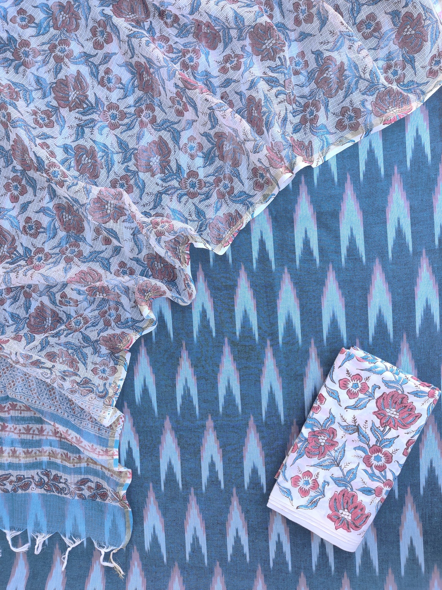 Handloom Weave Ikat Suit with Kota Doria Dupatta