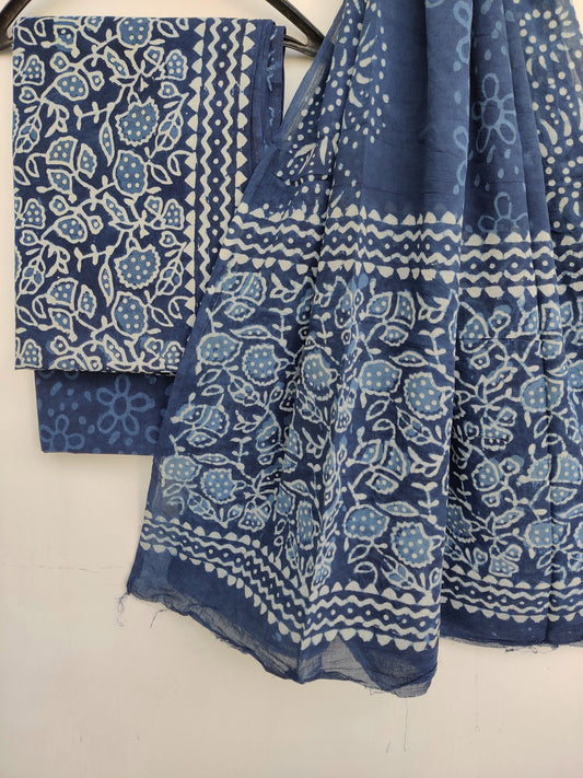 Indigo Cotton Block Printed Cotton Suit with mulmul cotton Dupatta
